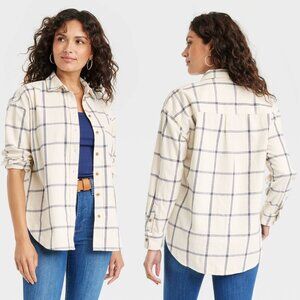 XL - Womens Long Sleeve Flannel Button-Down Shirt - Universal Thread - Cream